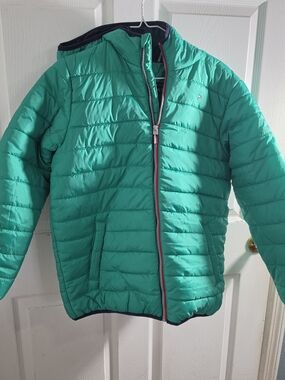 Tommy Hilfiger Boys Green Puffer Hooded Lightweight Jacket Coat Size L 14/16